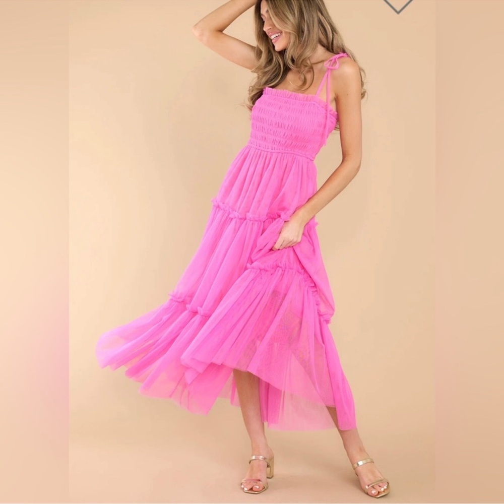 Pink Tiered Tulle Maxi Dress with Tie Straps